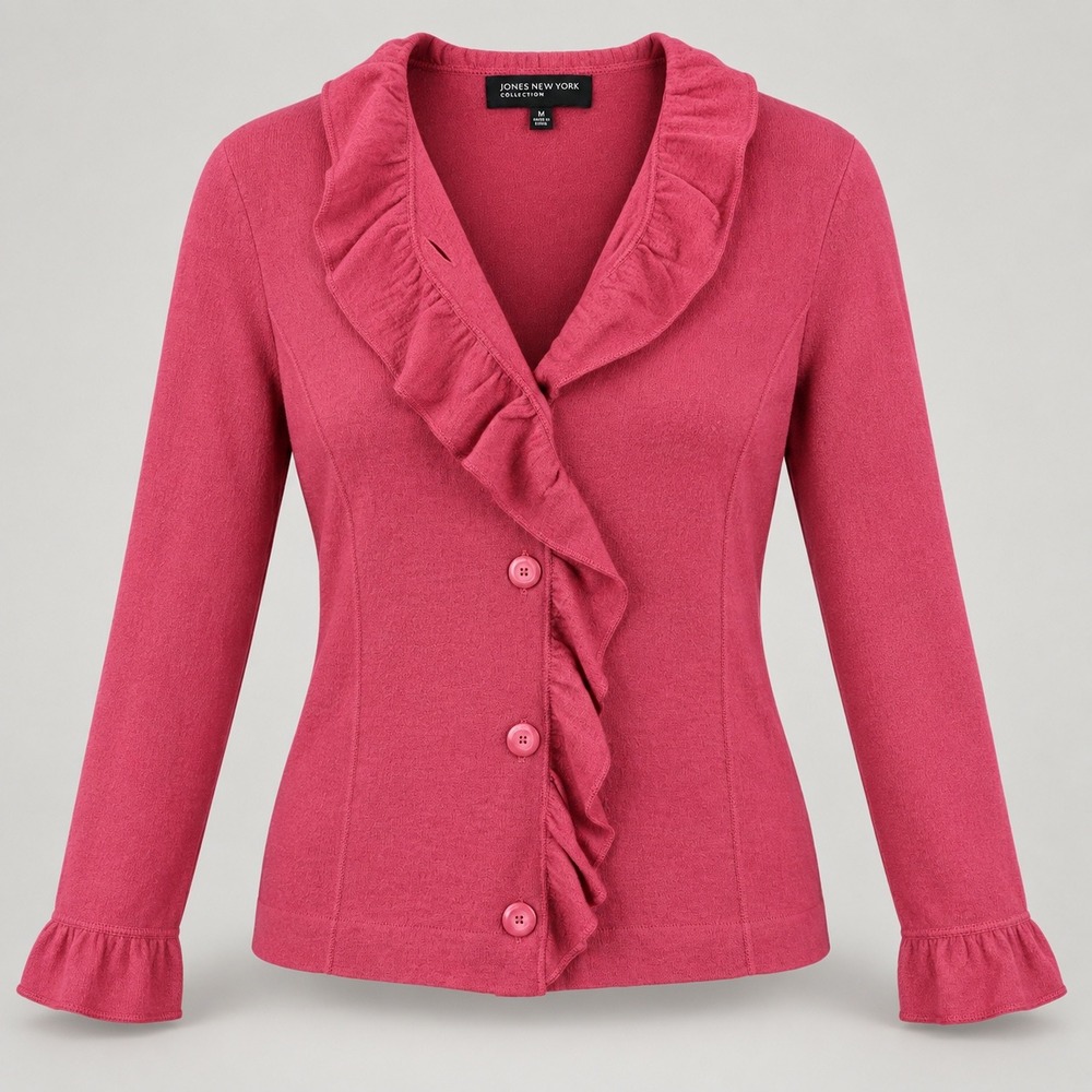 Jones New York NWT Pink Merino Wool Ruffle Cardigan Button Front Romantic Chic